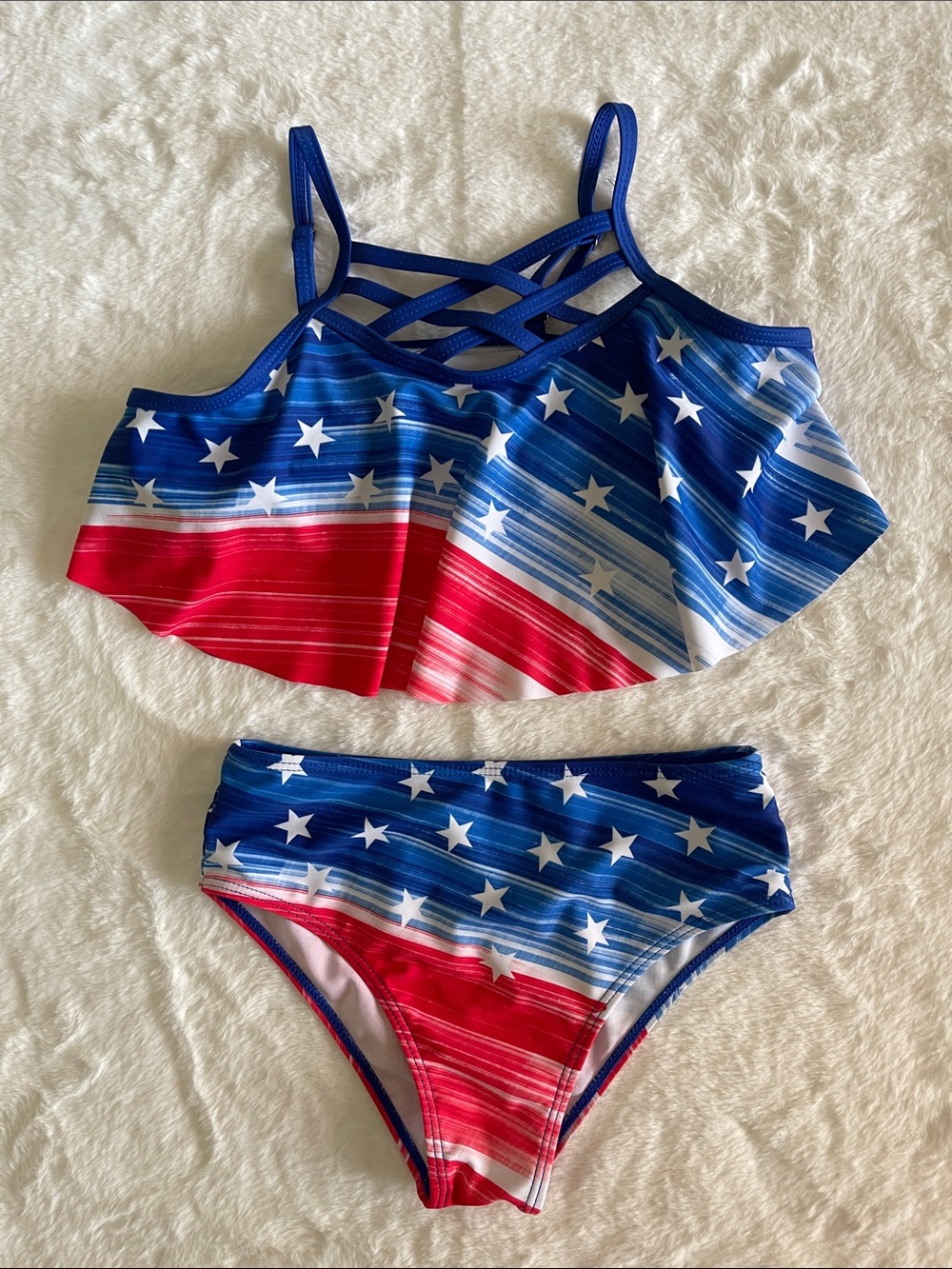 Patriotic Stars & Stripes Two-Piece Bikini- Red, White & Blue SZ 10Y